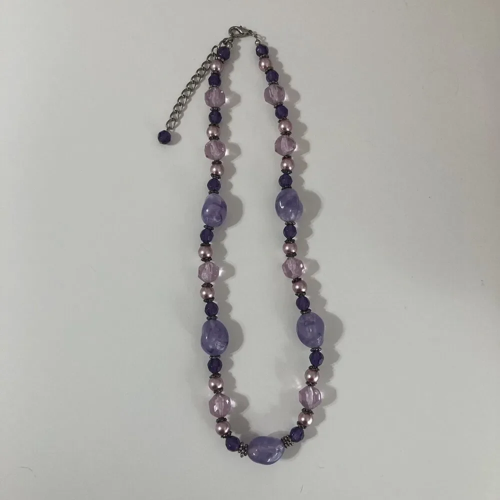 Silver Tone Purple Pink Faux Pearl Beaded Statement Necklace Fairy Bohemian